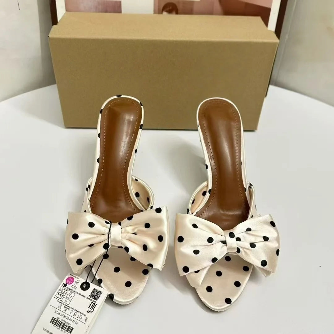 Women Cream Satin Black Polka Dot Big Bow Square Open Toe Slide Mules Rubber Outsole Microfiber Midsole Summer Party Dress High