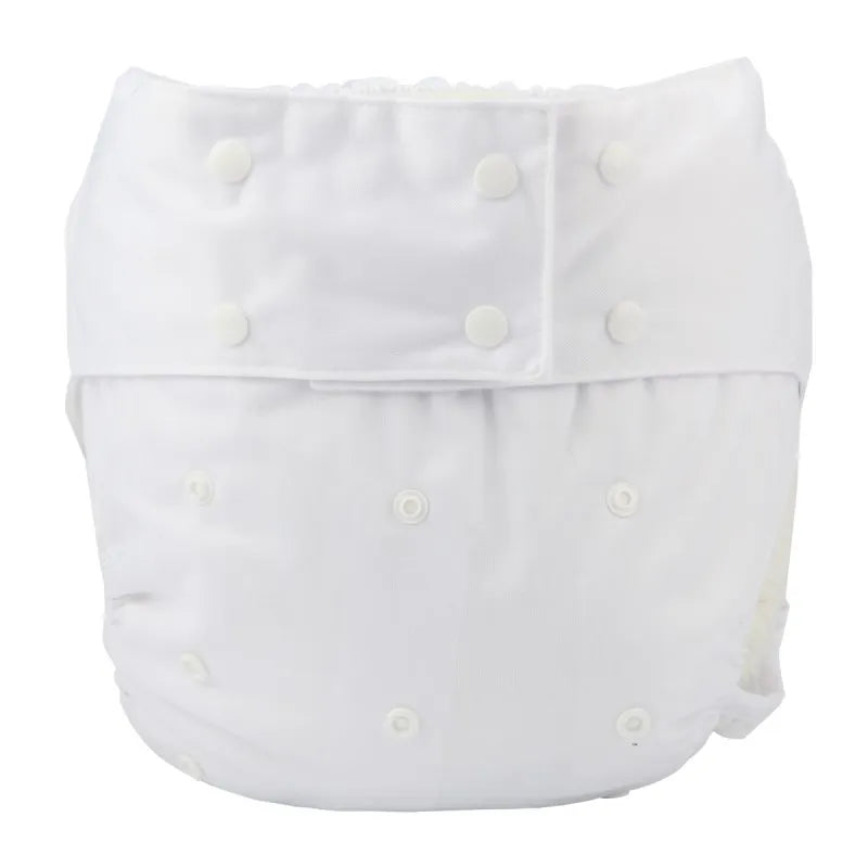 Plain white reusable cloth baby diaper with adjustable snap buttons for customized fit and leak protection.