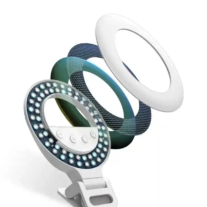 Exploded view of a white, circular clip-on selfie ring light with LED bulbs, control buttons, and mesh diffuser layers.