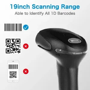 Black handheld 2D barcode scanner with scanning window and cradle-style body