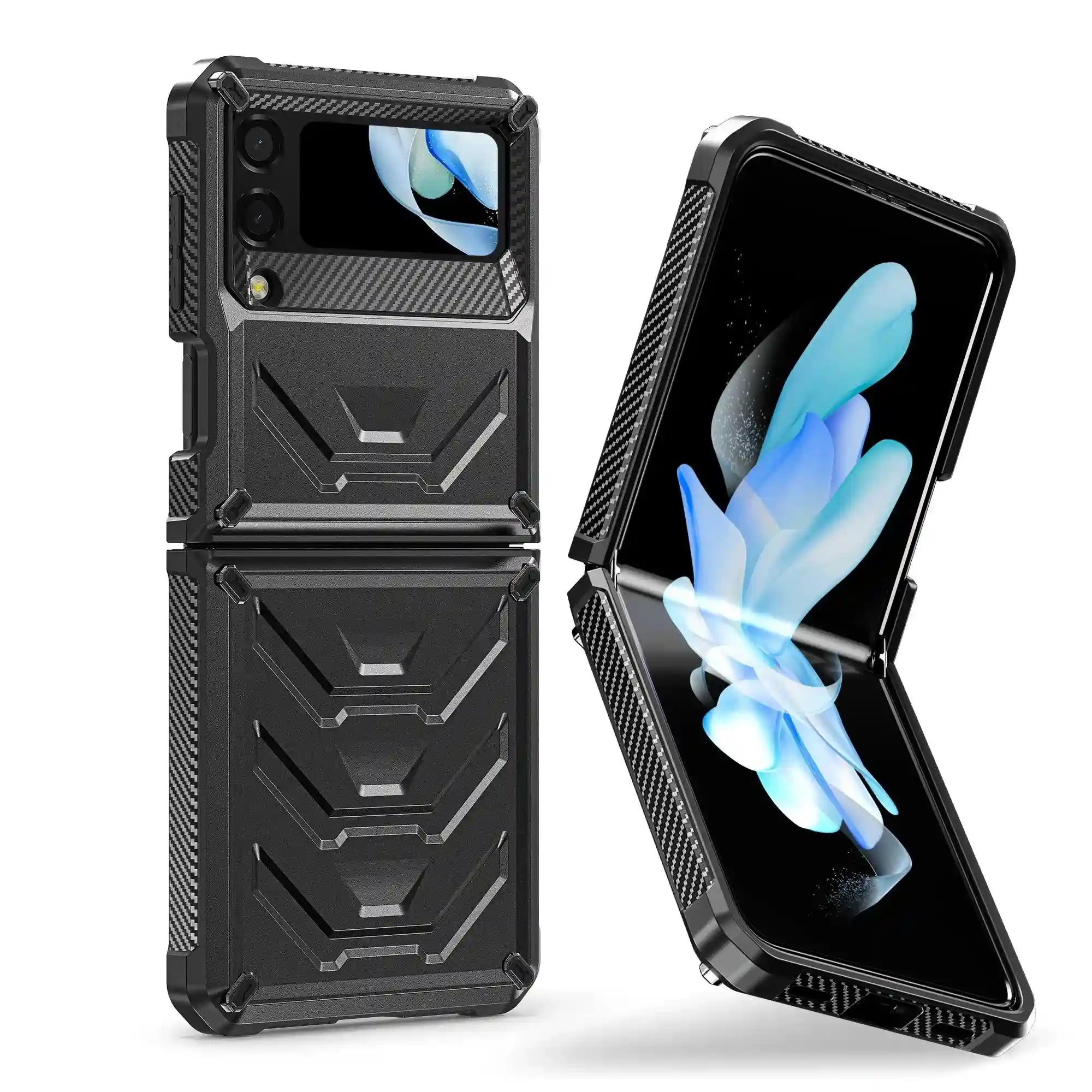 Rugged black protective case for Samsung Galaxy Z Flip, featuring reinforced corners and carbon fiber side texturing.