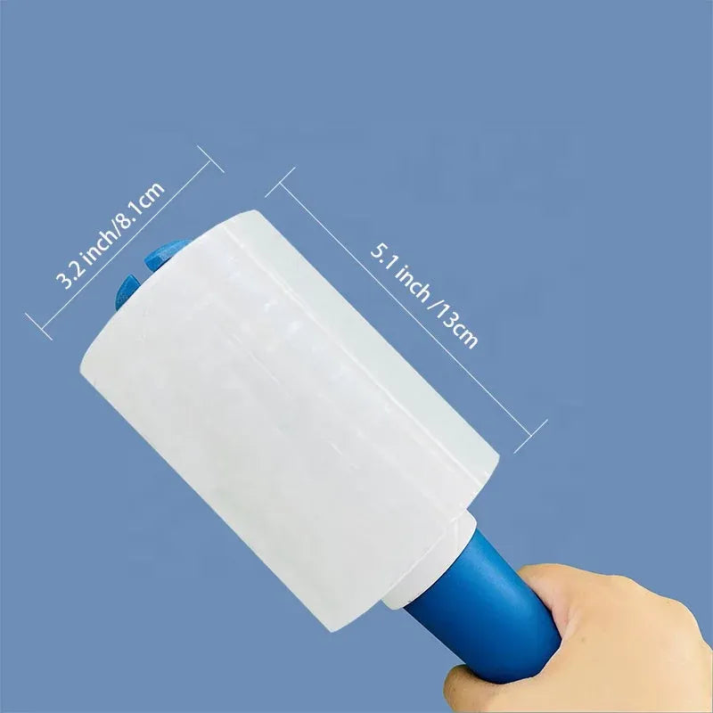 Clear BOPP packaging tape roll held in hand with size dimensions labeled.