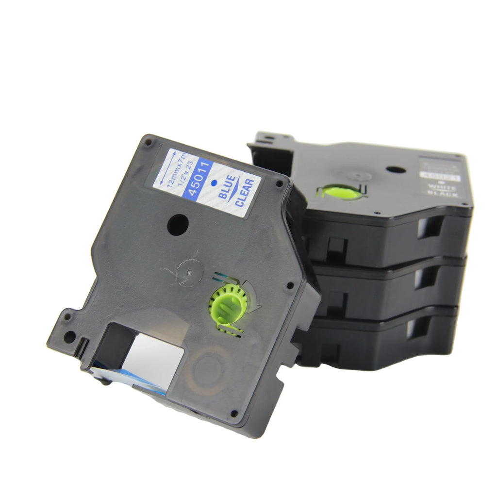 D1 thermal label tape cassette, black housing with blue label card and green dial