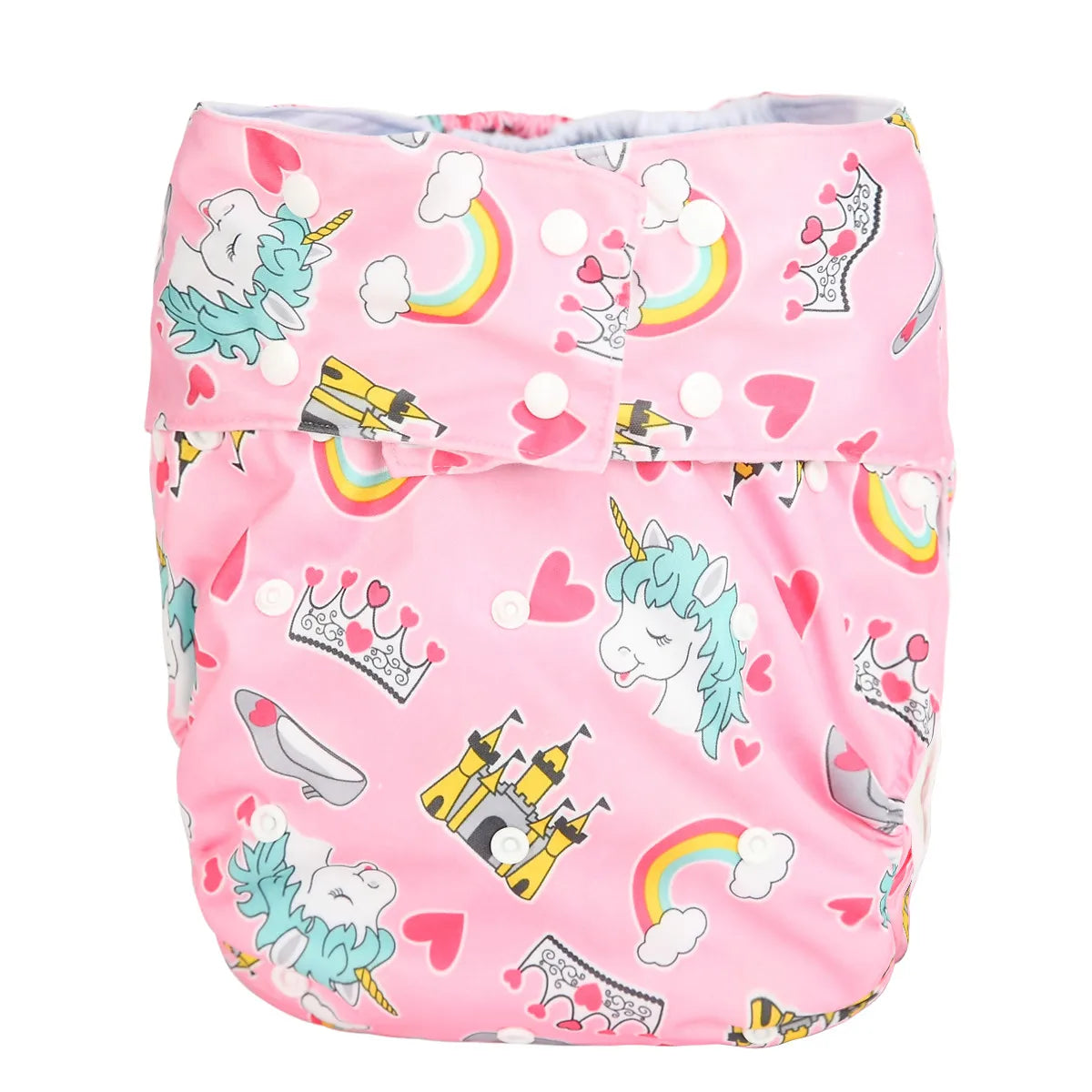Reusable baby cloth diaper in pink with unicorn, rainbow, and castle print featuring adjustable snap buttons.
