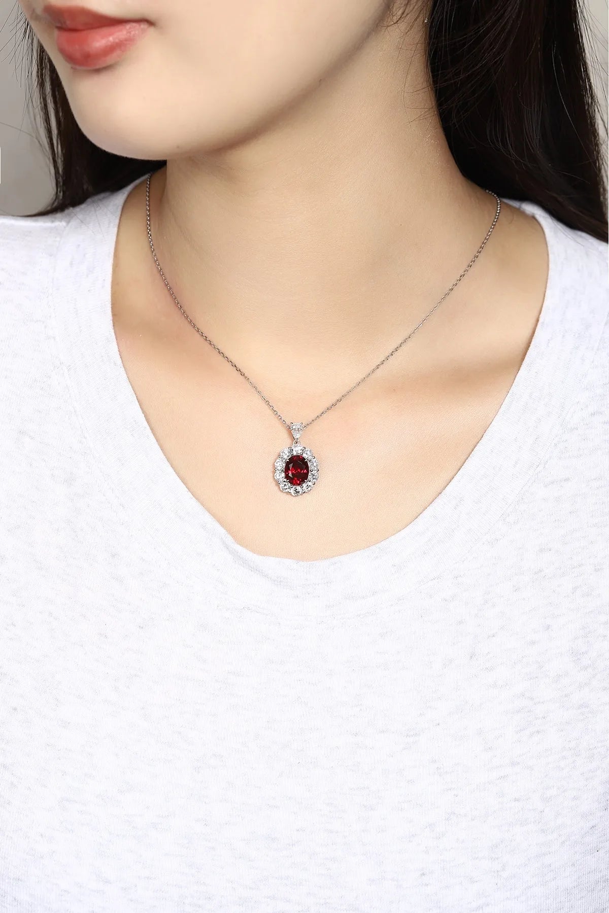 Lanphear Jewelry PT950 Platinum Four-Prong Claw Setting Necklace-Oval Cultured Ruby & Cultured Diamond for Gift, Anniversary