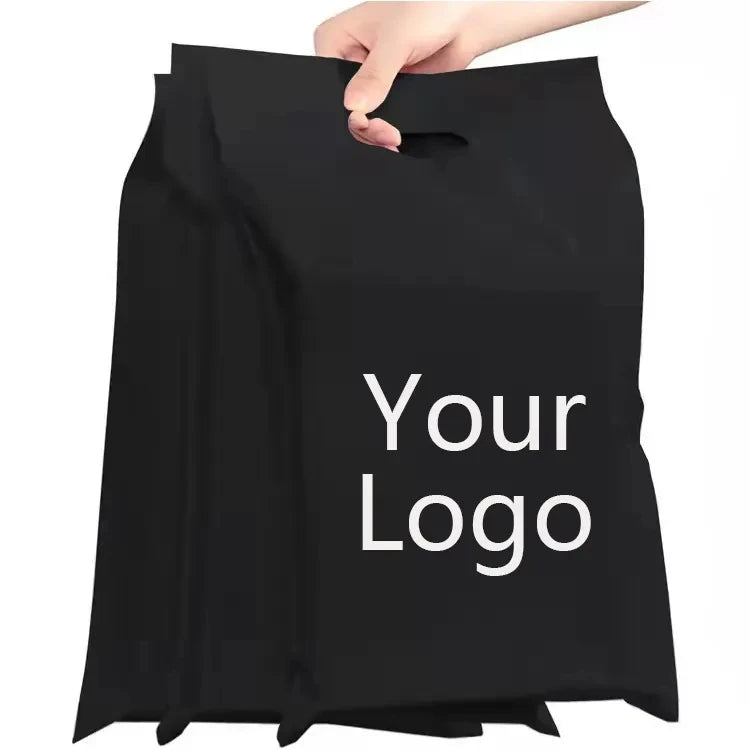 Black poly mailer envelope with handle and printed “Your Logo” text in white