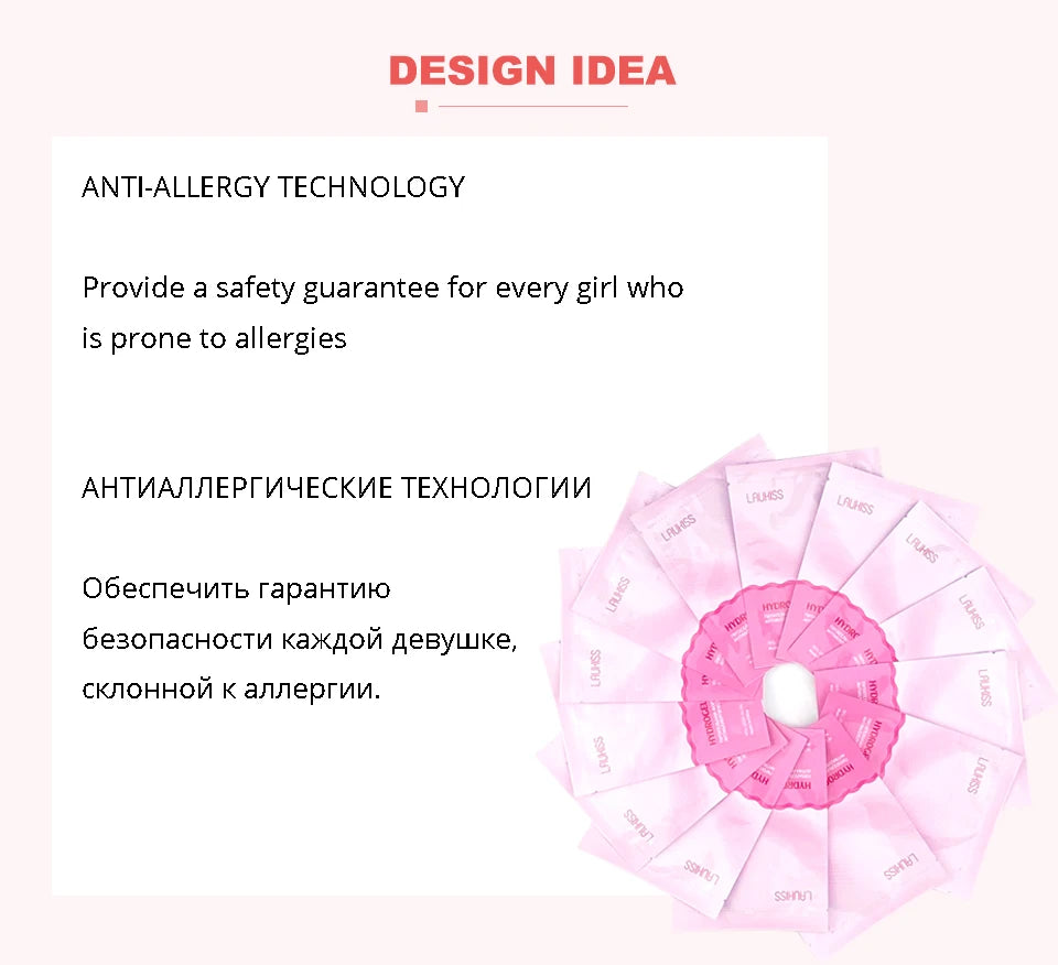 Fan-shaped arrangement of pink hydrogel eyelash extension pads for under-eye application in individual pouches.
