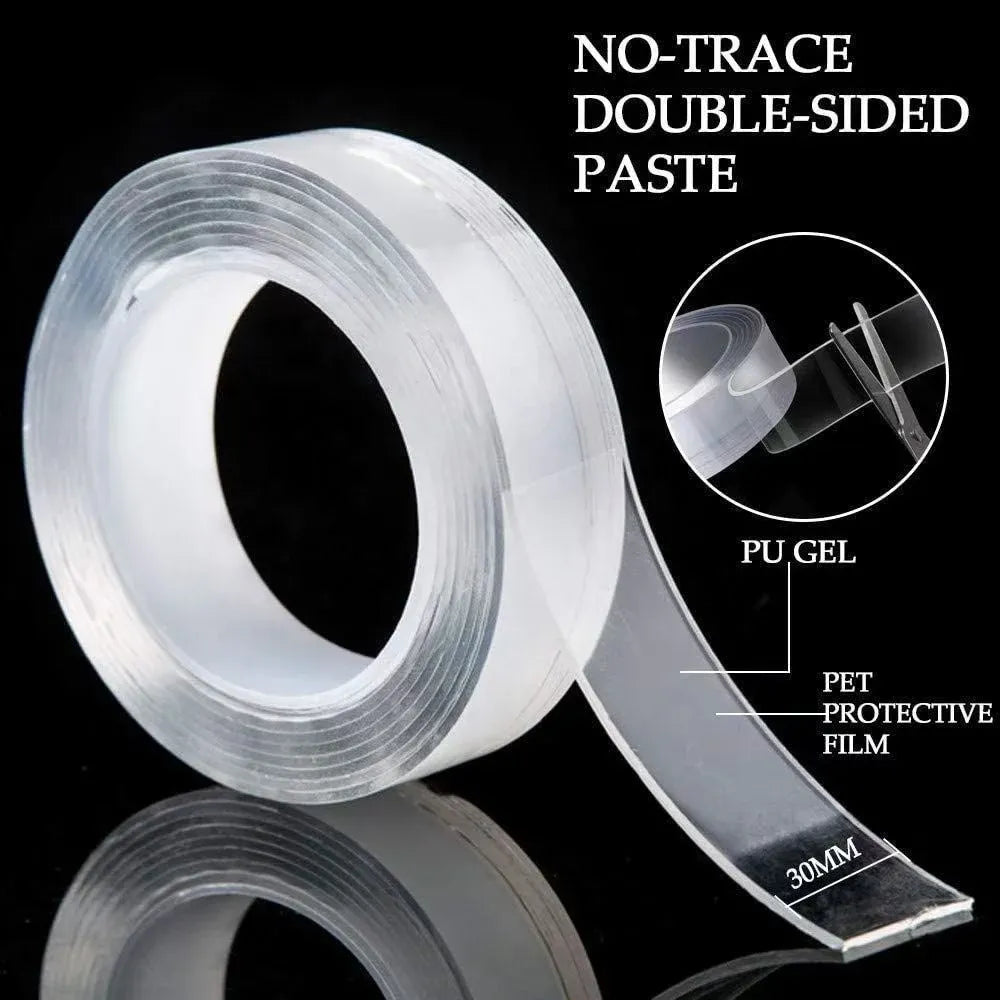 White double-sided nano tape roll with protective film layers, clear edge sections visible