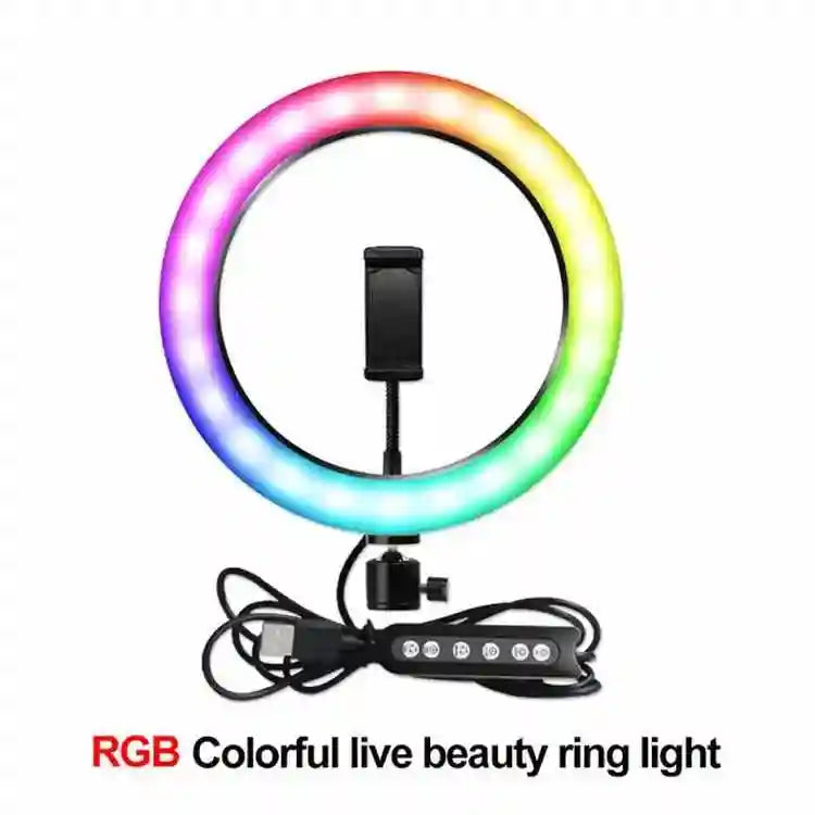 Circular RGB ring light with a center phone mount, USB power cable, and control remote for video lighting.