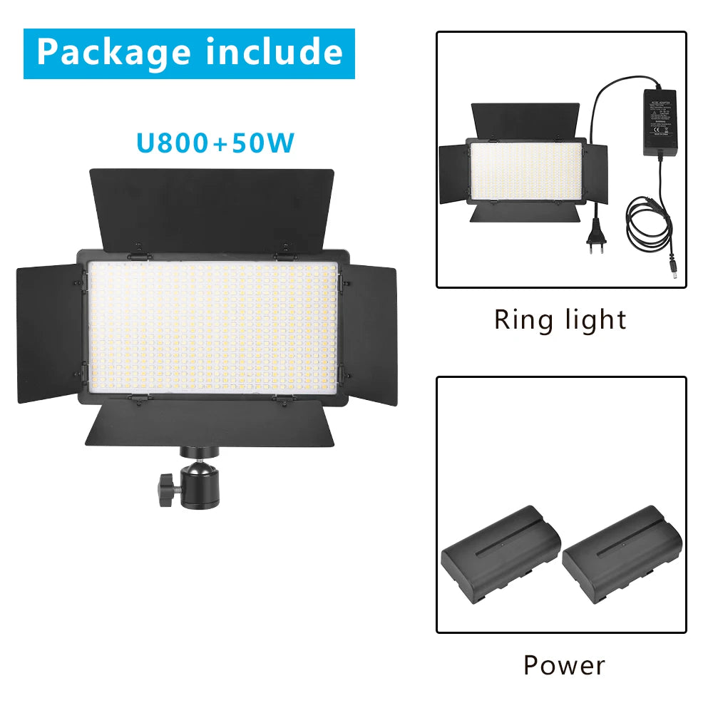 U800 LED video light panel with black barn doors, tripod ball head, power adapter, and two rechargeable batteries.