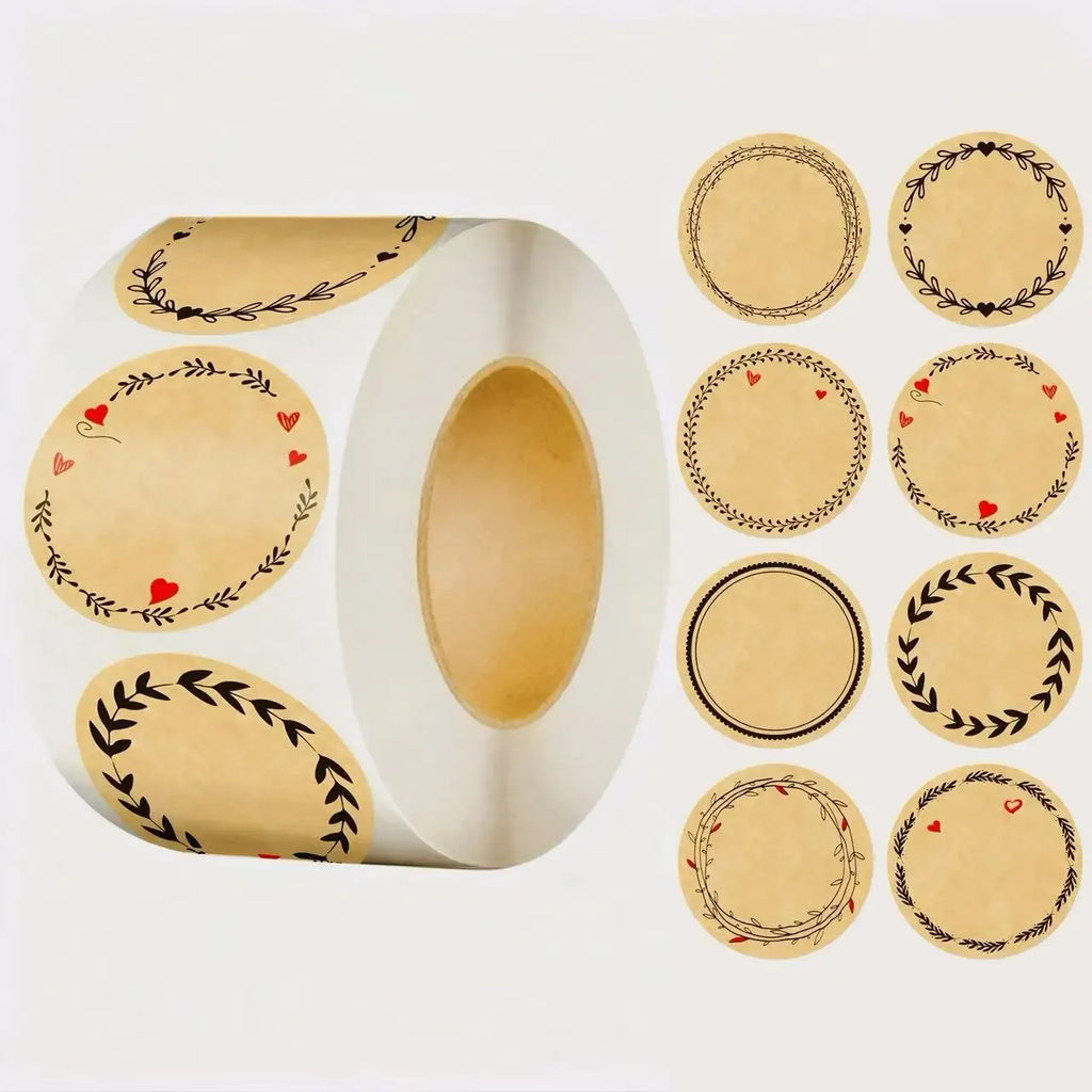 Kraft paper roll labels, round floral and heart designs, self-adhesive stickers