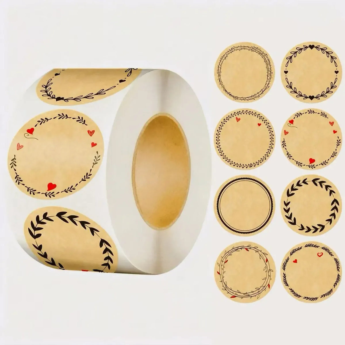 Kraft paper roll labels, round floral and heart designs, self-adhesive stickers