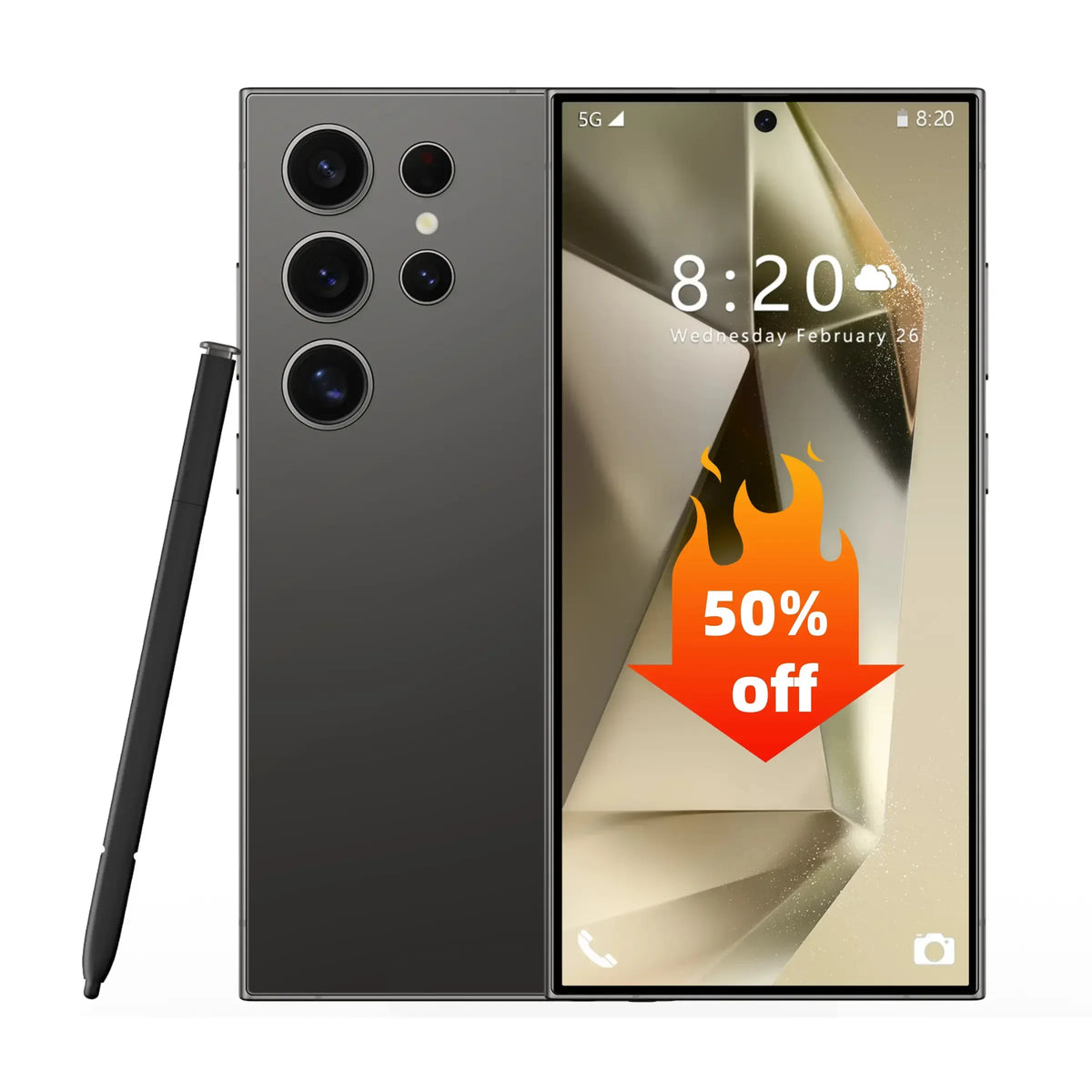 Graphite 5G smartphone with quad rear cameras and stylus, front and back shown