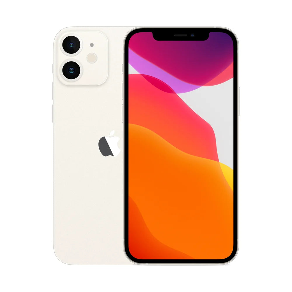 White Apple iPhone 12 Mini, 5.4-inch OLED display, dual-camera system, front and back view, unlocked smartphone.