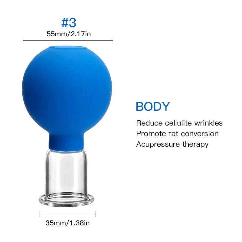 Blue silicone and glass vacuum cupping massage tool for body therapy, labeled with dimensions.