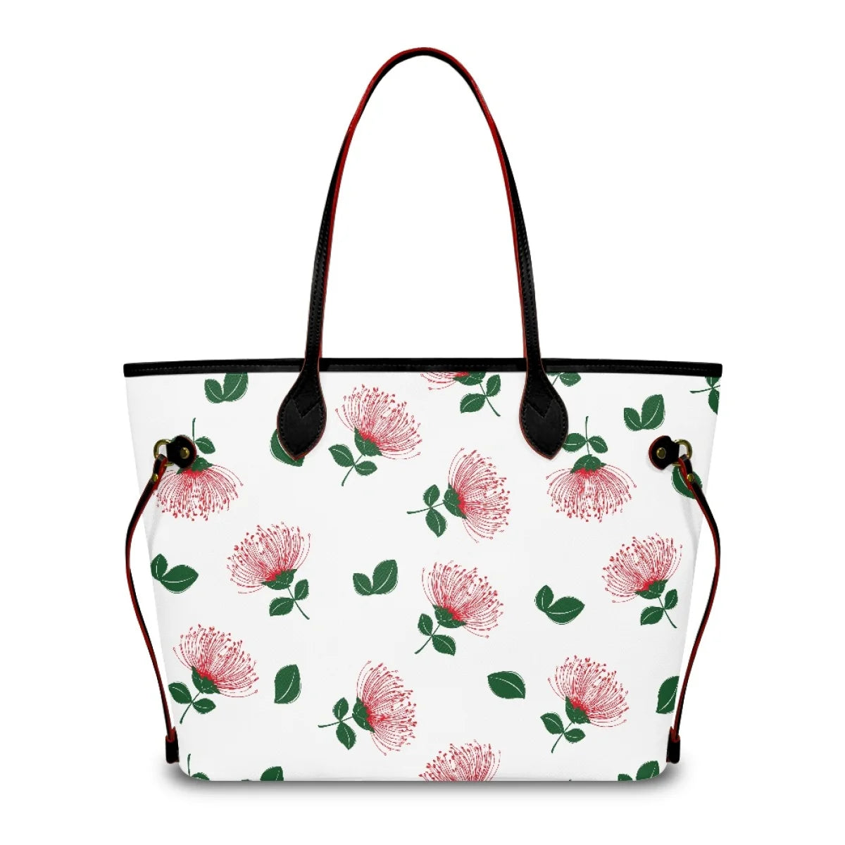 White leather tote bag with red Ohia Lehua floral print, black handles, and luxury designer shoulder bag style.