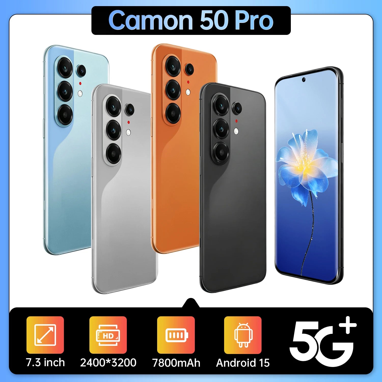 Tecno Camon 50 Pro 5G Android smartphone in gray, featuring 16GB RAM for high-performance mobile computing.
