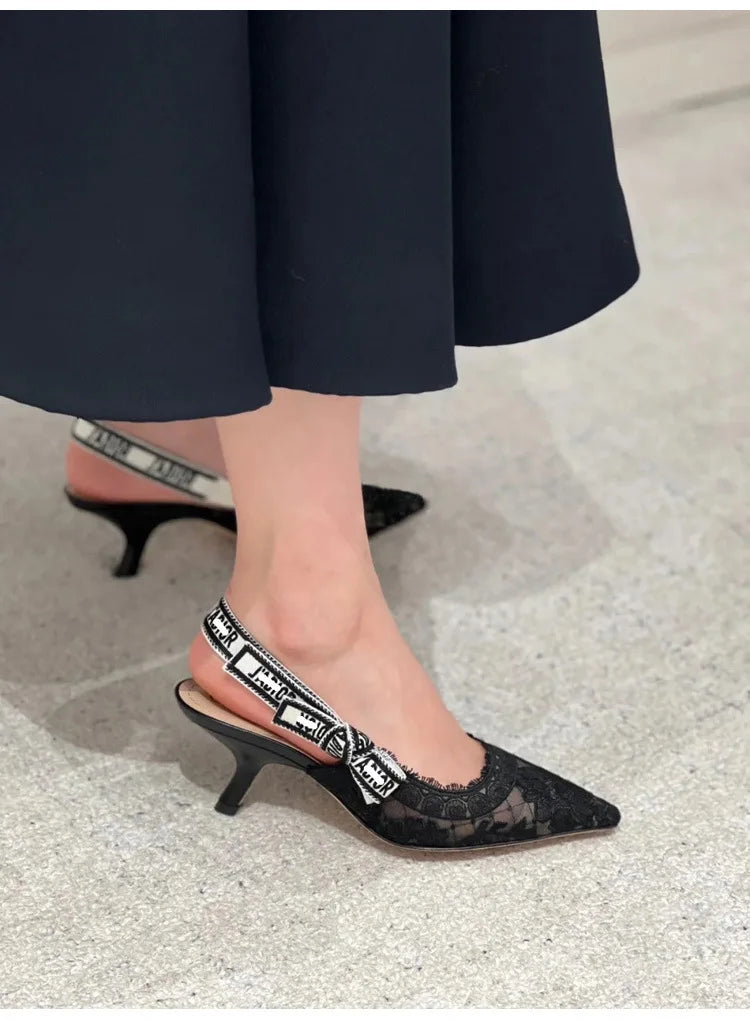 Women Shoes Sexy Stiletto Pointed Toe Transparent Mesh Embroidery Heels, Elastic Strap Evening Footwear for Club Party Occasions