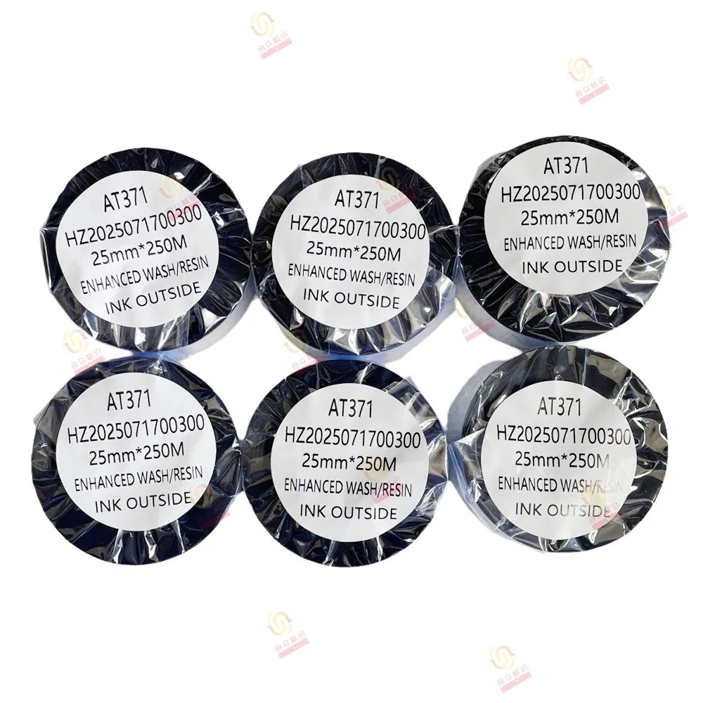 Black thermal transfer wax-resin ribbon rolls, AT371 labels and 25mmx250M markings