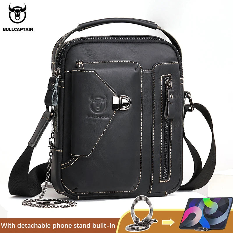 BULLCAPTAIN black genuine cowhide leather crossbody bag with vintage stitching, front pocket lock, and phone stand.