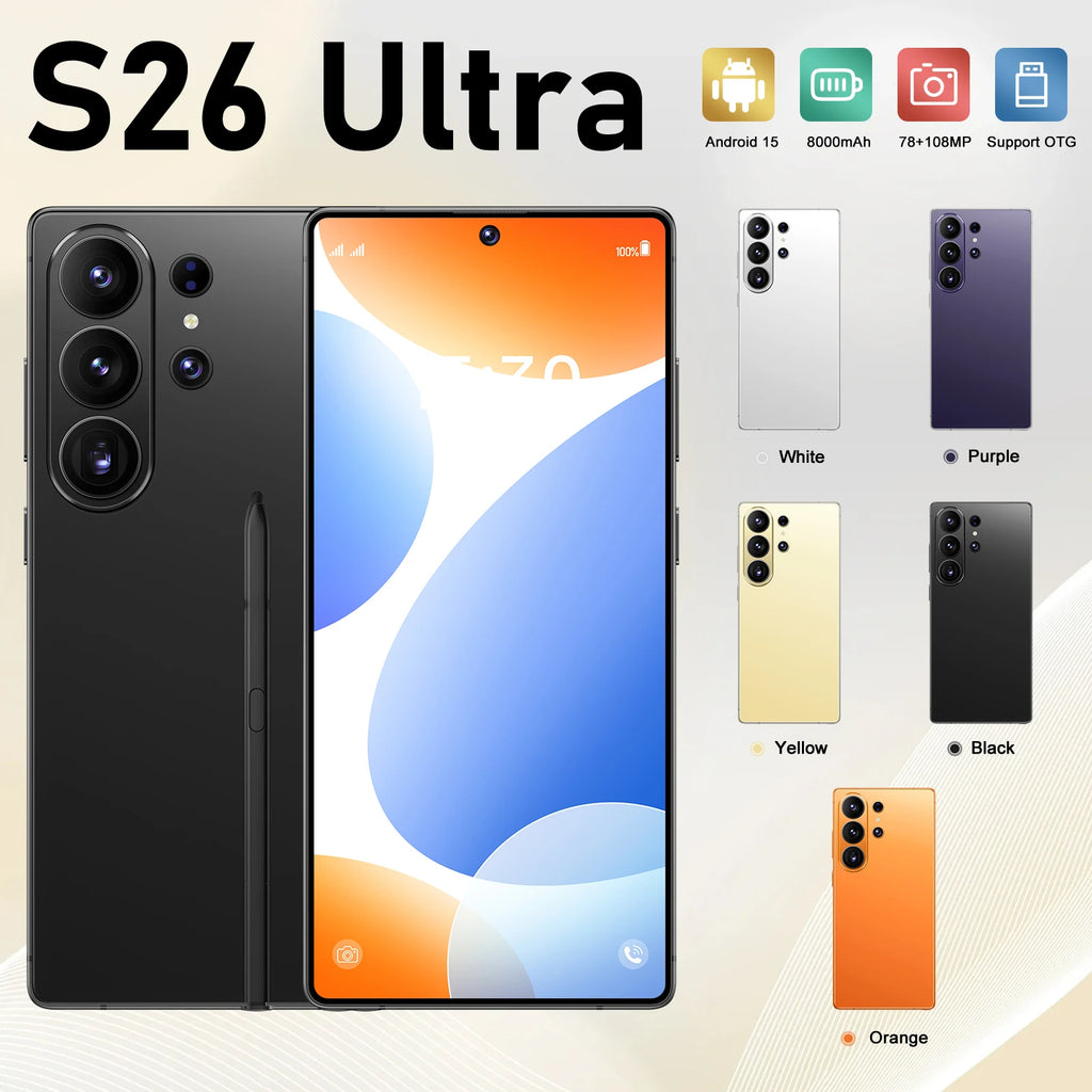 S26 Ultra smartphone featuring 22GB RAM, 2TB storage, Android 15, and 108MP camera in product gallery view