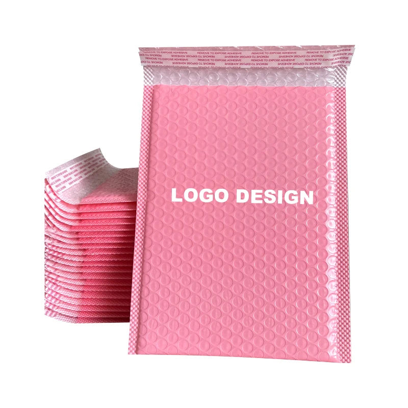 Pink bubble mailers with “LOGO DESIGN” print, waterproof padded shipping bags