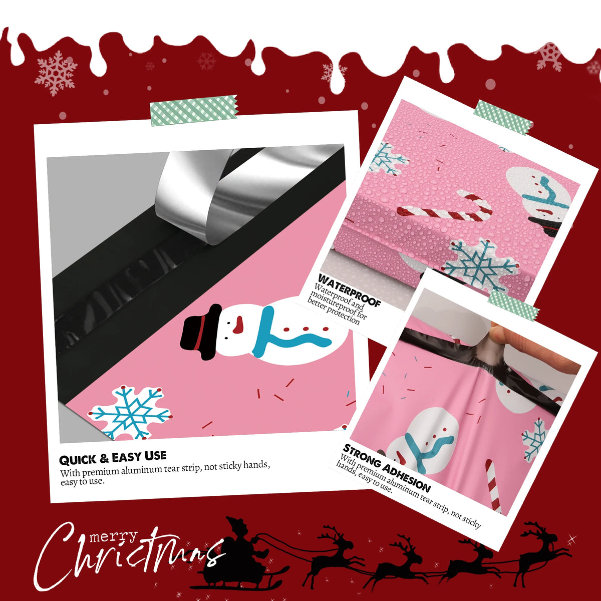 Set of light pink Christmas poly mailers with snowman and snowflake print patterns