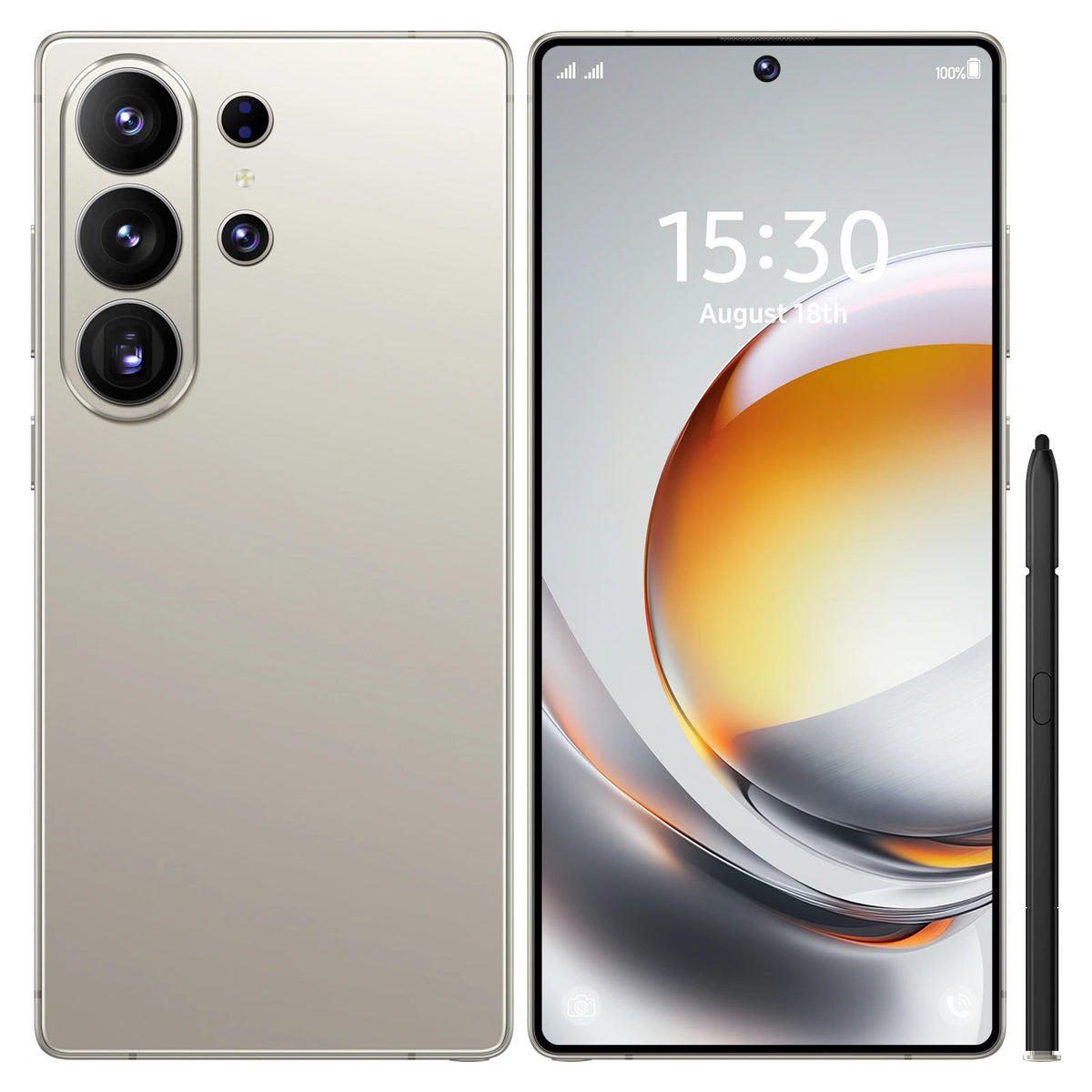 S26 Ultra smartphone with triple rear camera and black front display, gold back