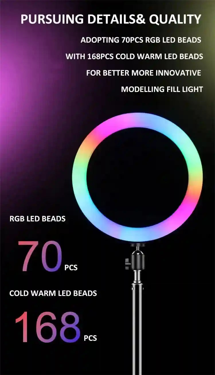 RGB LED ring light on a stand with 70 RGB and 168 cold-warm LED beads for photography and video lighting.
