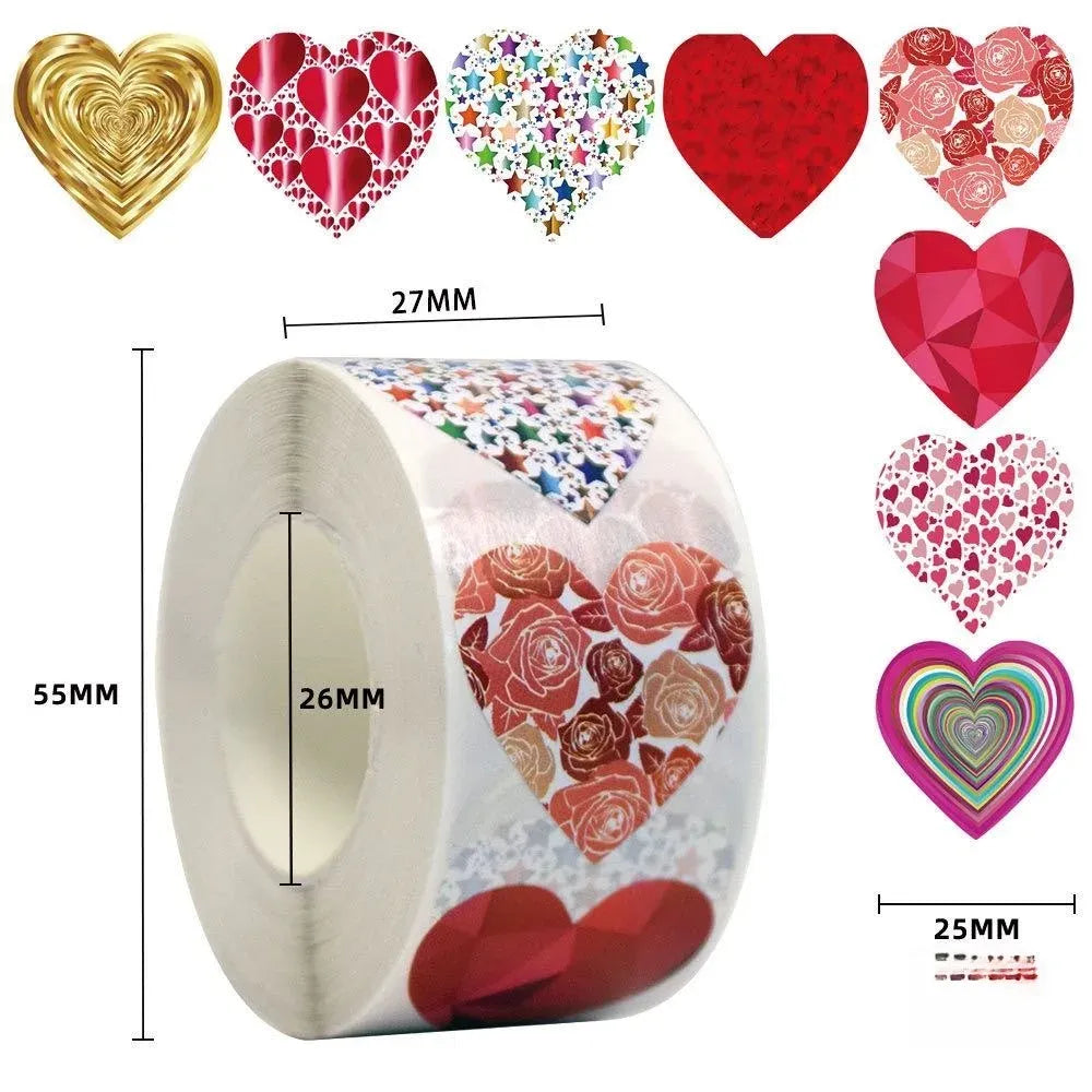 Self-adhesive heart sticker roll with gold, red, and rose-pattern hearts and sizes shown