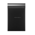 Black poly mailer shipping envelope, upright front view with sealed edge.