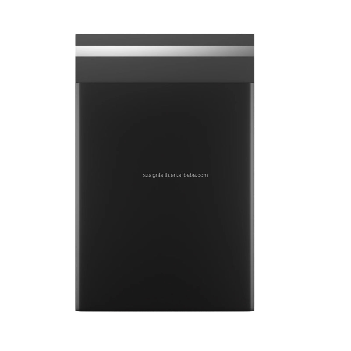Black poly mailer shipping envelope, upright front view with sealed edge.