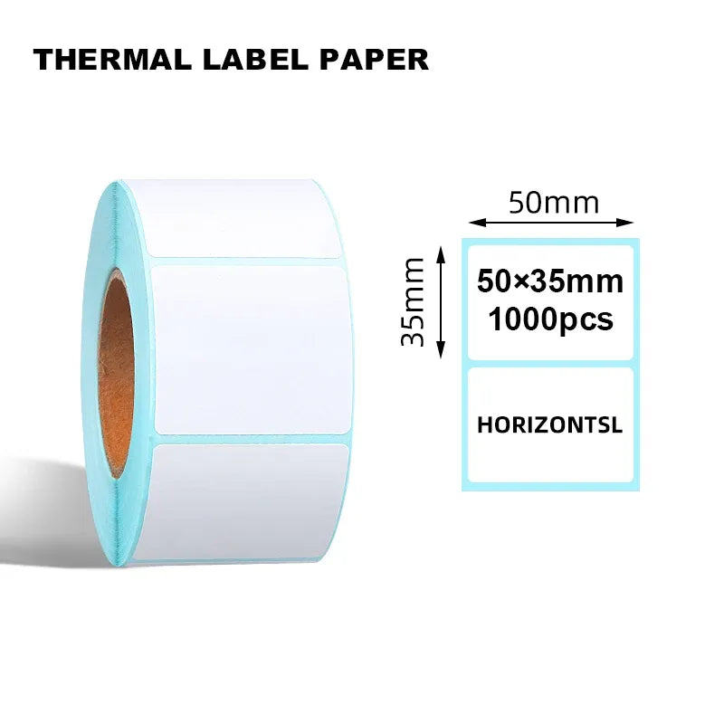 Thermal label roll with sky-blue border, 50x35mm rectangle blank labels
