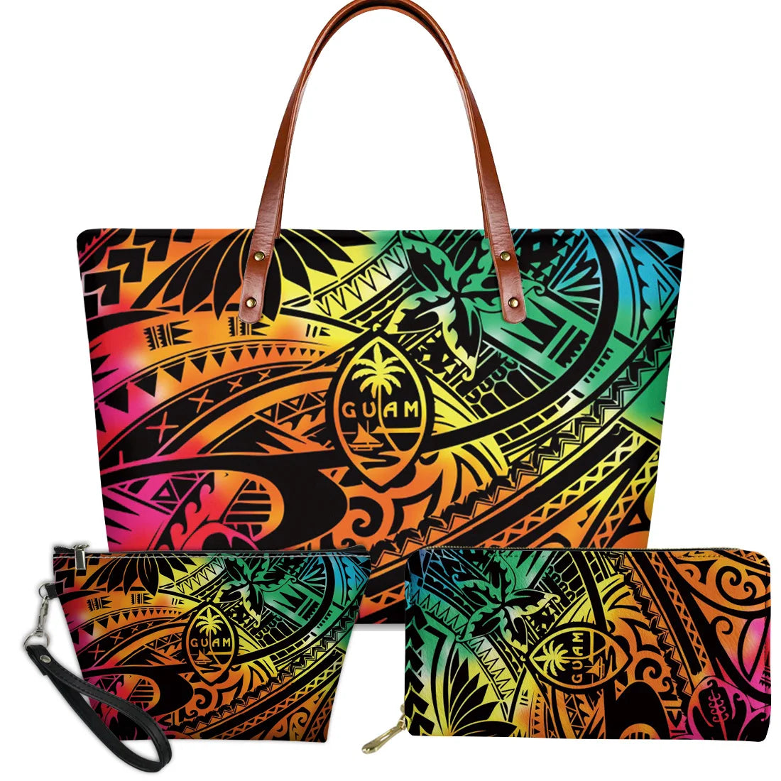 3pc rainbow Polynesian tribal print handbag set with Guam seal, featuring floral patterns and brown leather handles.