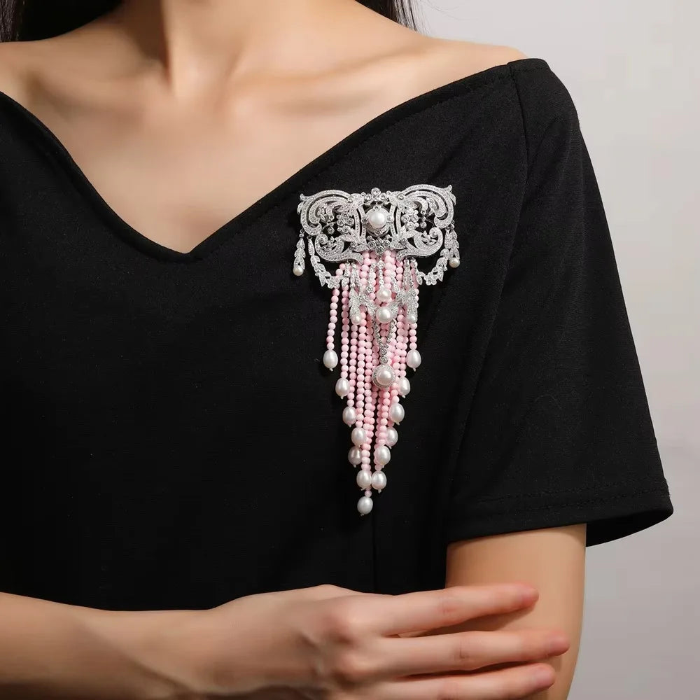 TIANSHE High-end Luxury Jewelry S925 pure silver Natural Pearls Tassel brooch Personality Design DressCorsage Decoration