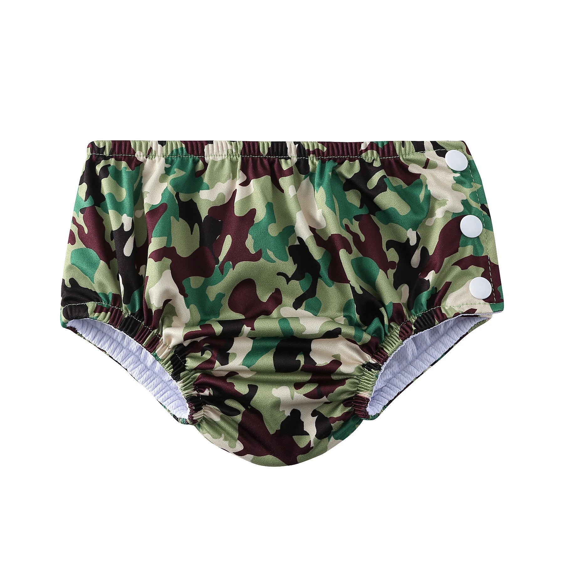 Reusable baby cloth diaper cover with camouflage print and side snap closures for easy adjustment.
