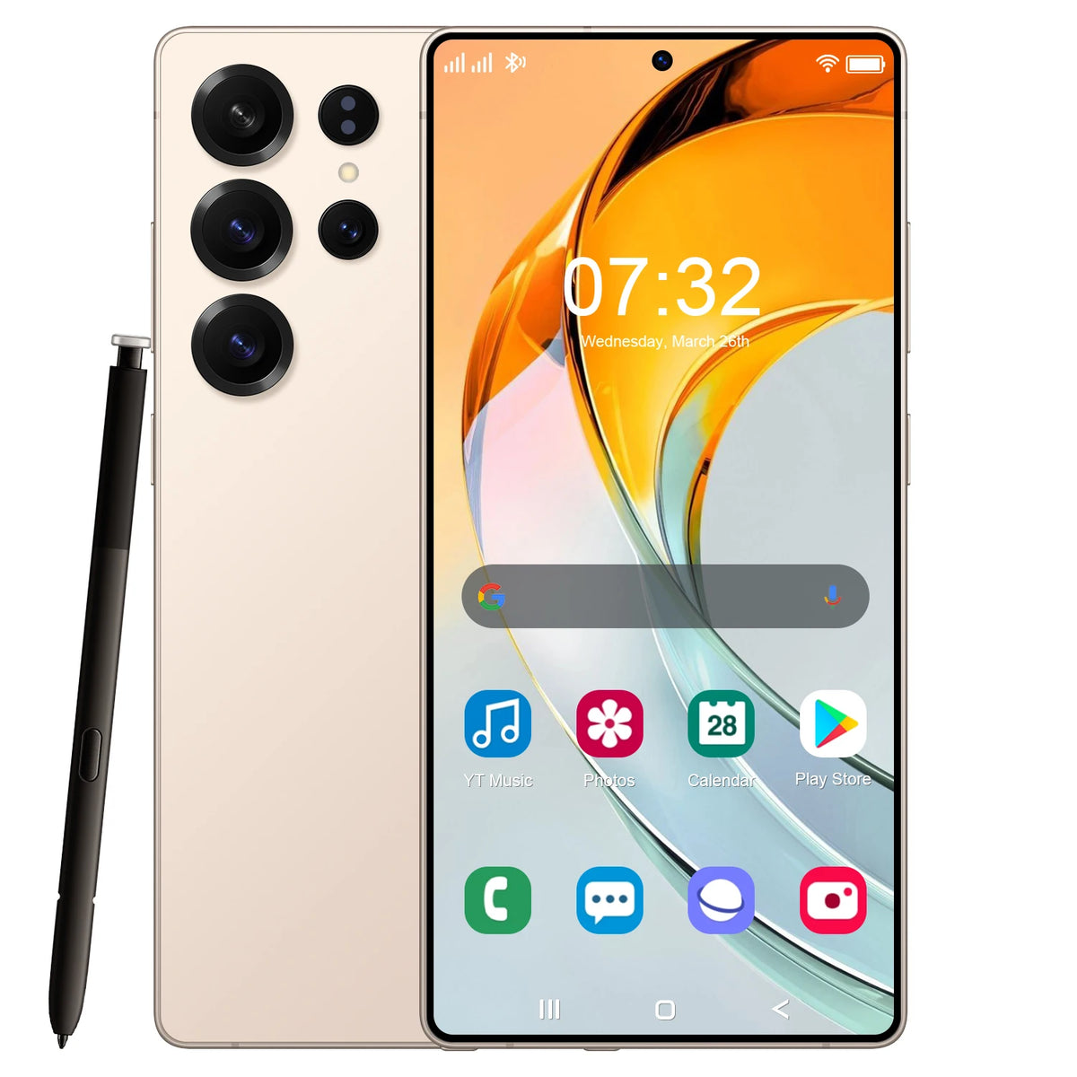 Cream 5G smartphone with quad rear cameras and stylus; front display with orange wallpaper.