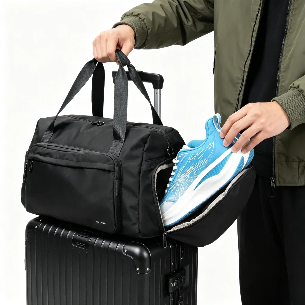 Black waterproof nylon travel duffel bag with a dedicated shoe compartment, sitting on a hard-shell luggage trunk.