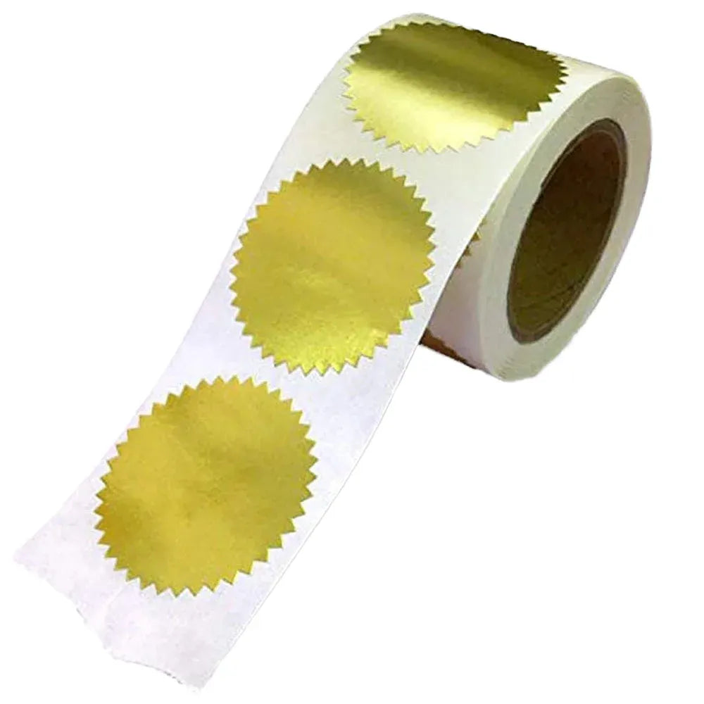 Shiny gold self-adhesive metal stickers on roll, embossed scalloped label shapes