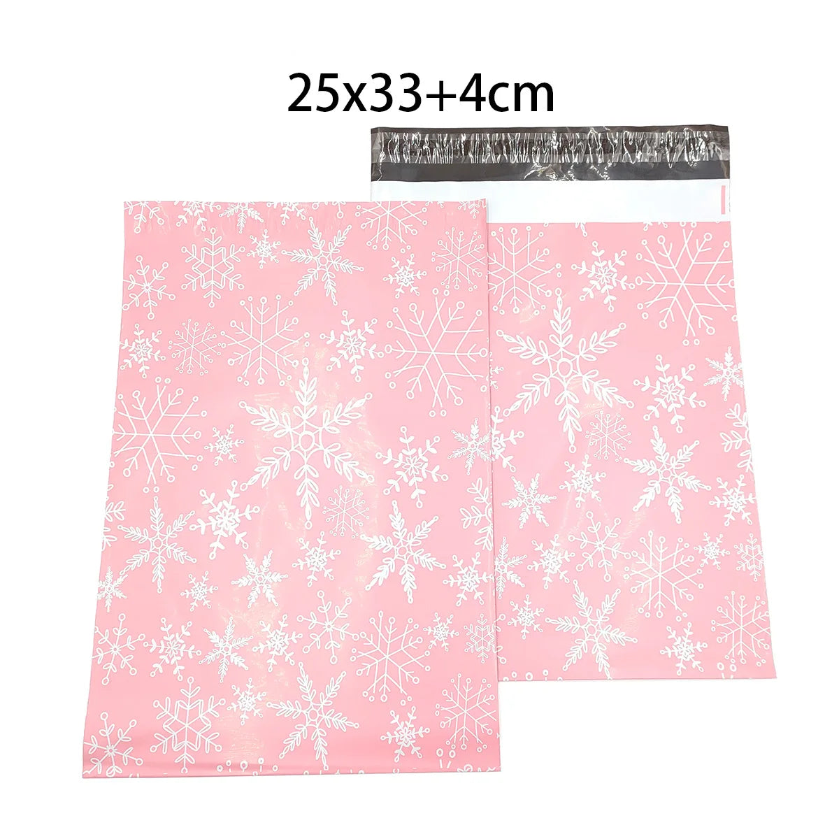 Light pink plastic poly mailer with white snowflake pattern and top seal strip