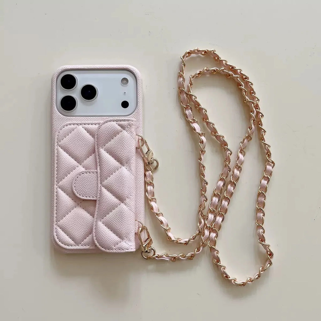 High End Embossed PU Leather Solid Color Crossbody Chain Wallet Card Anti-drop Cover Mobile Phone Cases for 15 Pro