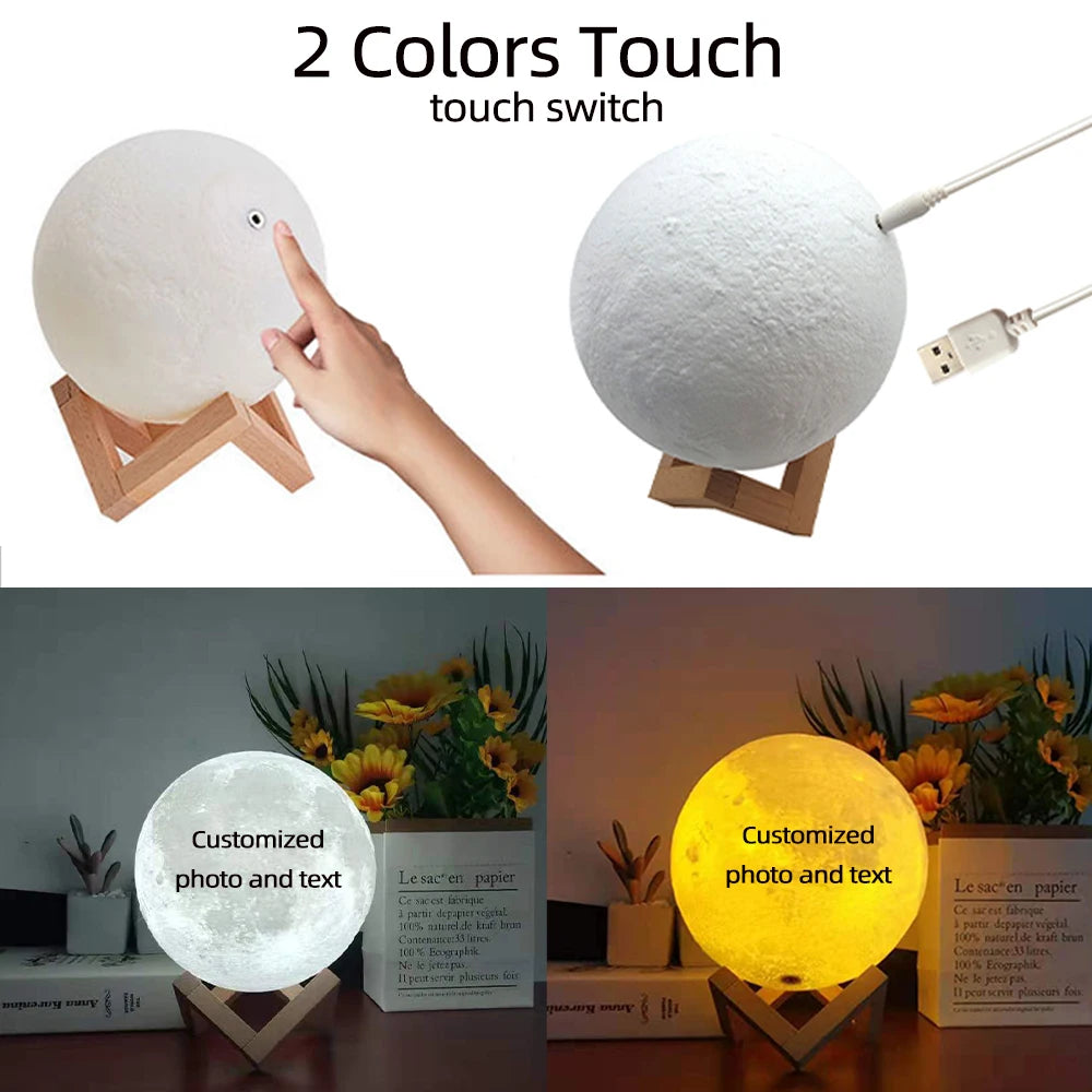 Customized moon lamp on wooden stand with two-color touch control and USB charging cable for ambient lighting.
