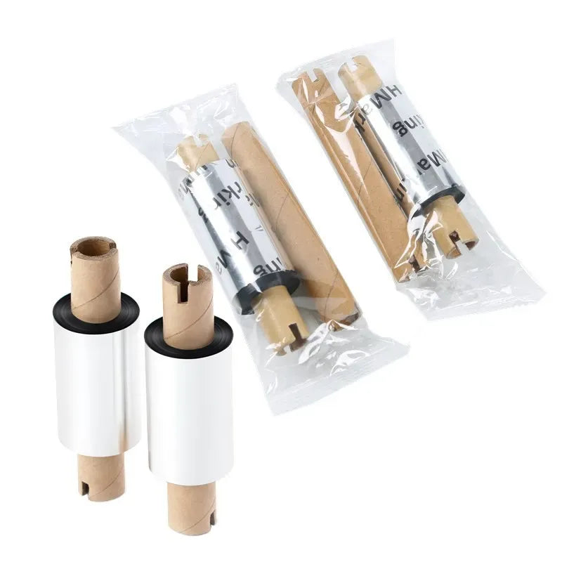 Assorted adhesive tape rolls in packaging: white and tan cores with black tape edge