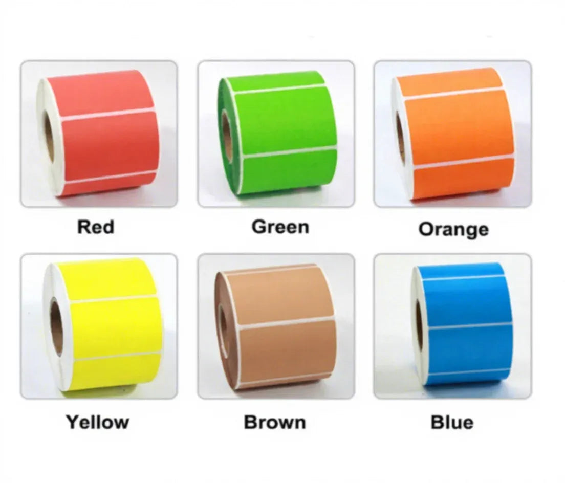 Small color sample images of barcode label rolls: red, green, orange, yellow, brown, blue.