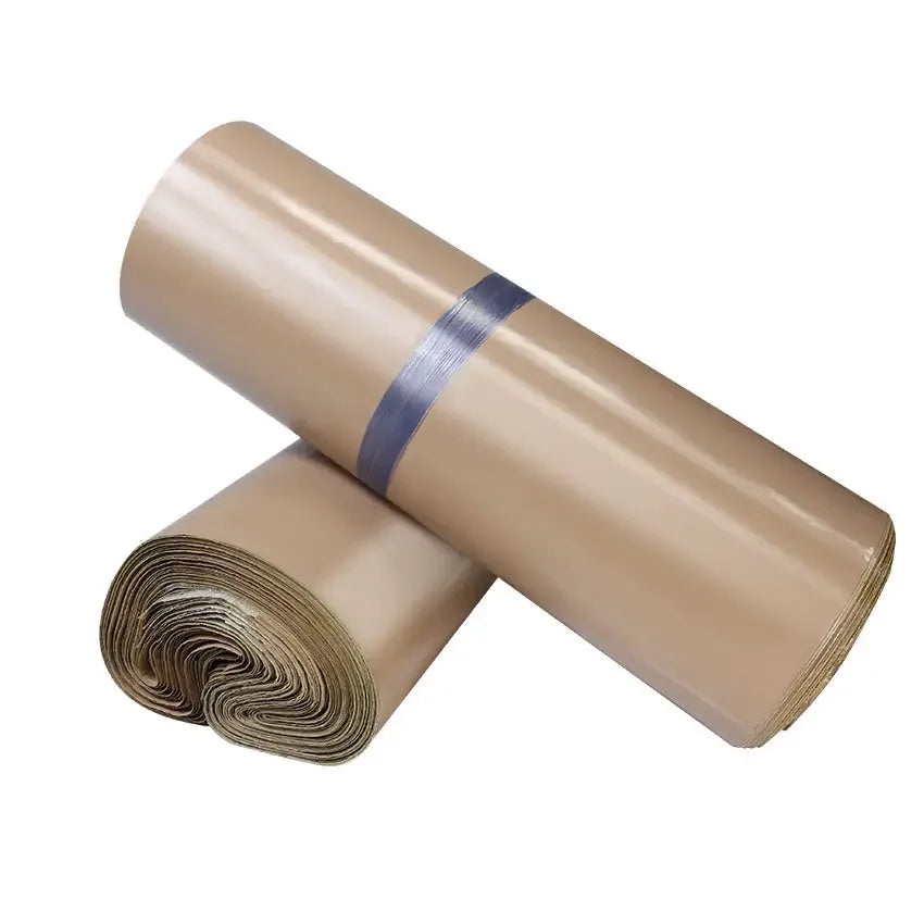 Tan plastic packing roll set with two rolls and metallic gray band