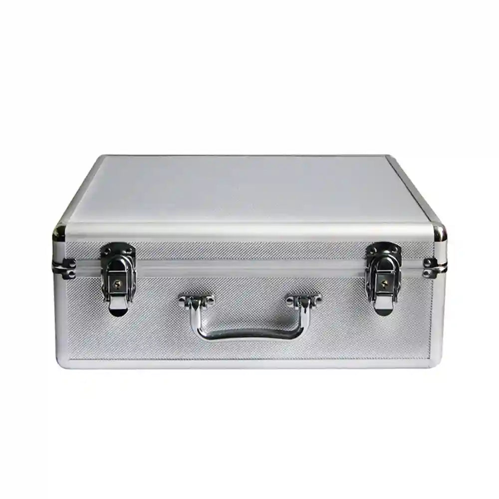 Silver aluminum carry case for ionic foot spa detox machine and acupuncture pad health care kit, white background.