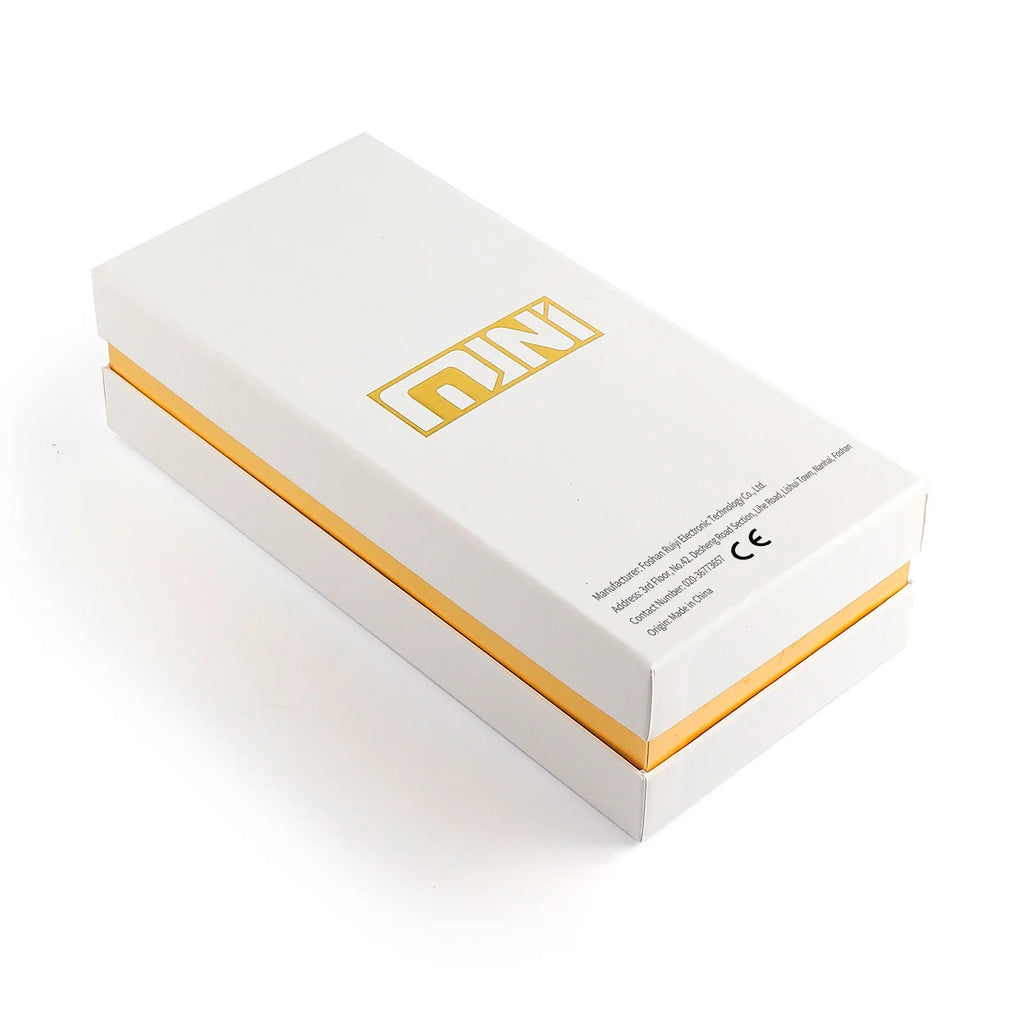 A white rectangular box for a HIFU facial device with gold trim and a gold logo on the lid, set on a white background.