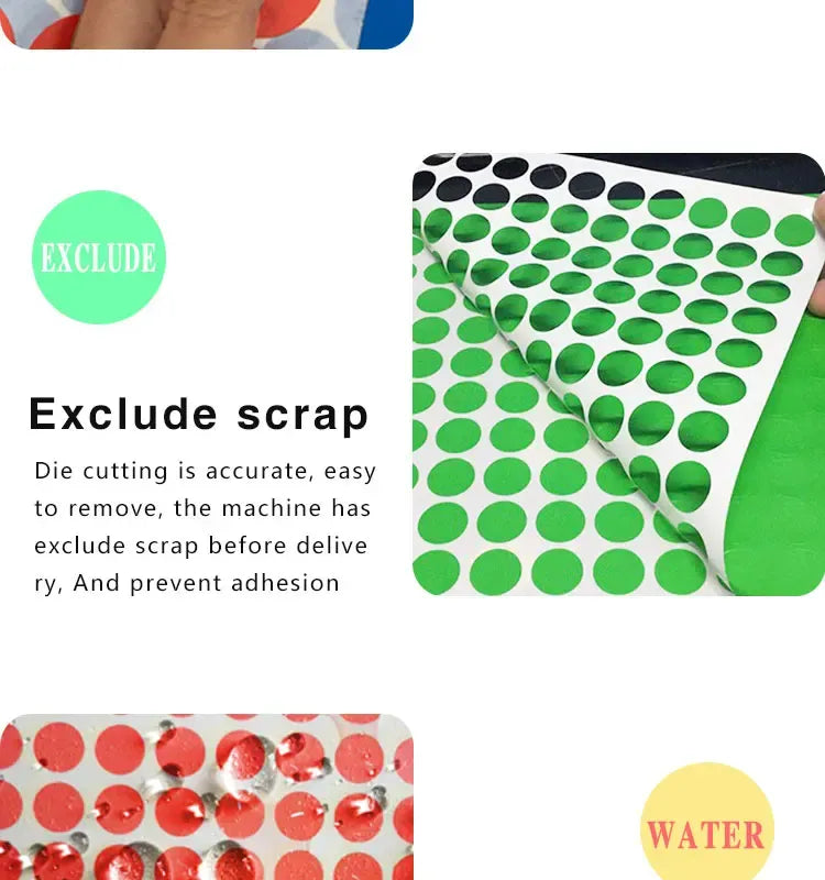 Green round dot sticker sheet with corner wrap, excluding scrap before delivery
