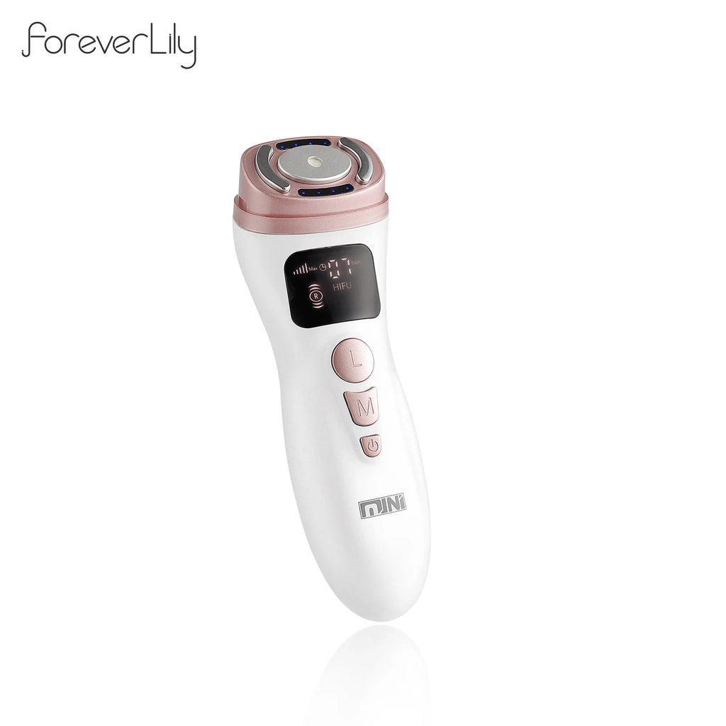 White and rose gold handheld HIFU facial skin tightening device with a digital display and three control buttons.