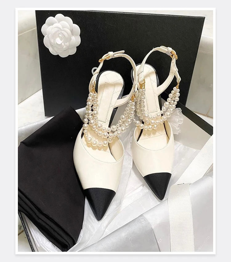 2026 Summer New Pointed High Heels Color Blocked Pearl Chain Toe Women's Sandals